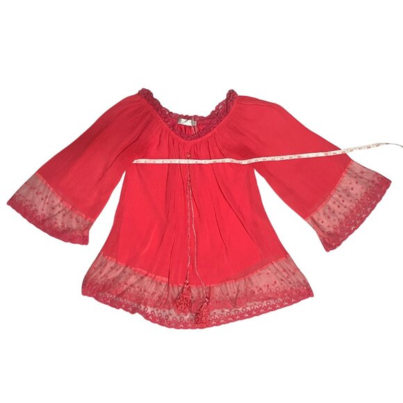 Solitaire Red Lace Boho Peasant Blouse Women’s Sz S Tunic 3/4 Sleeve Tassel Tie - Picture 4 of 11